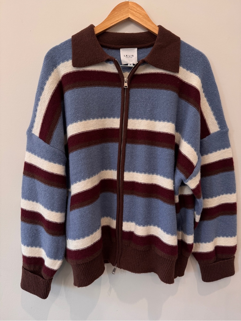 Le Lis Striped Zip-Up Knit Top - Blue, Maroon, Cream, Brown